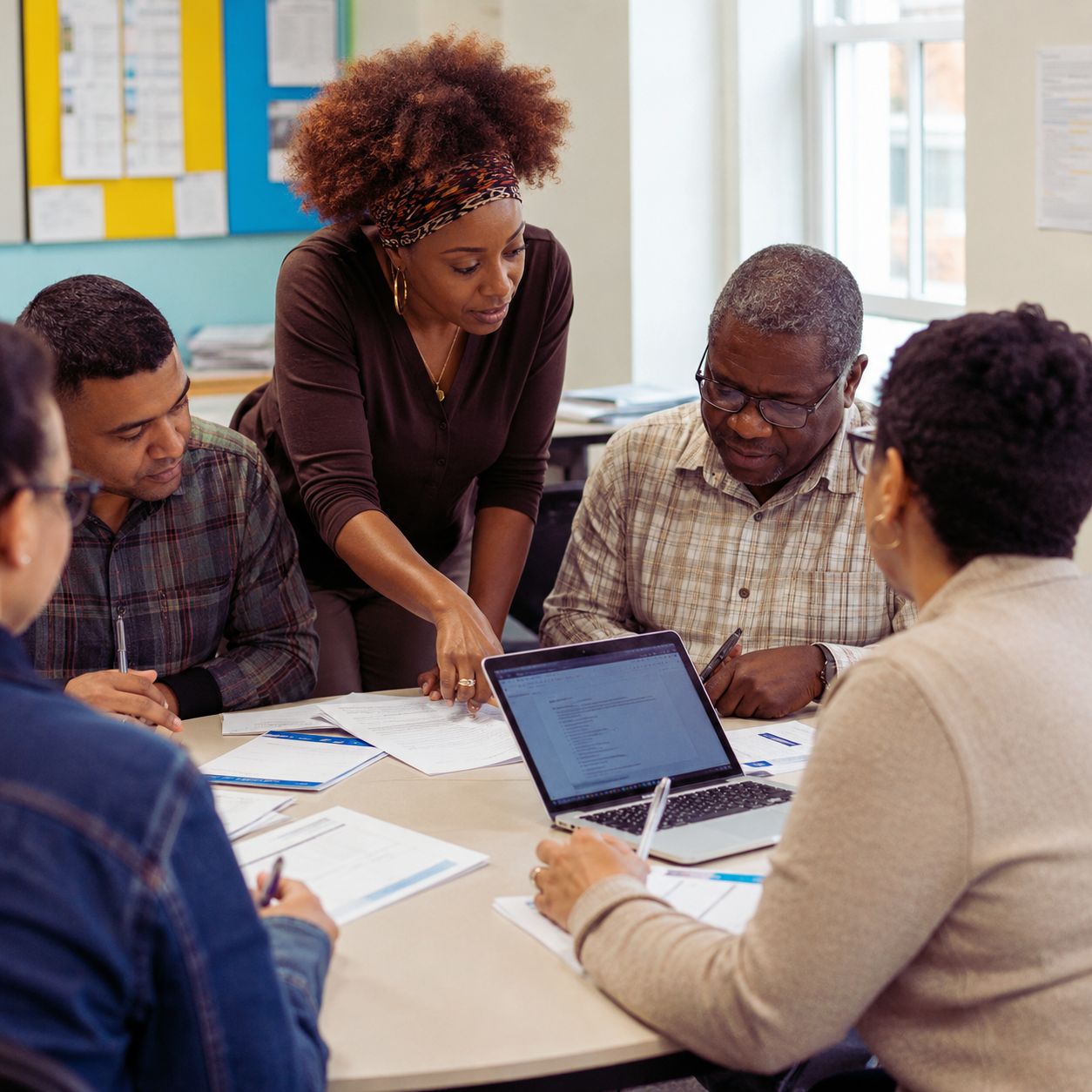 Community members collaborating around a laptop